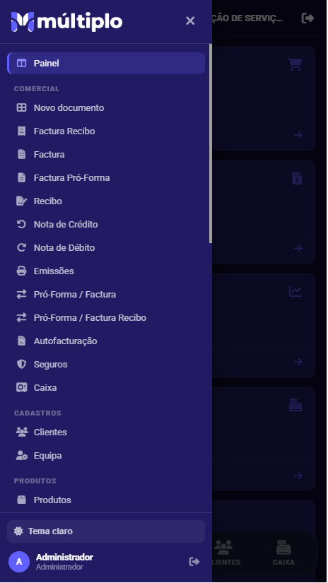 Menu da app múltiplo: documentos comerciais
