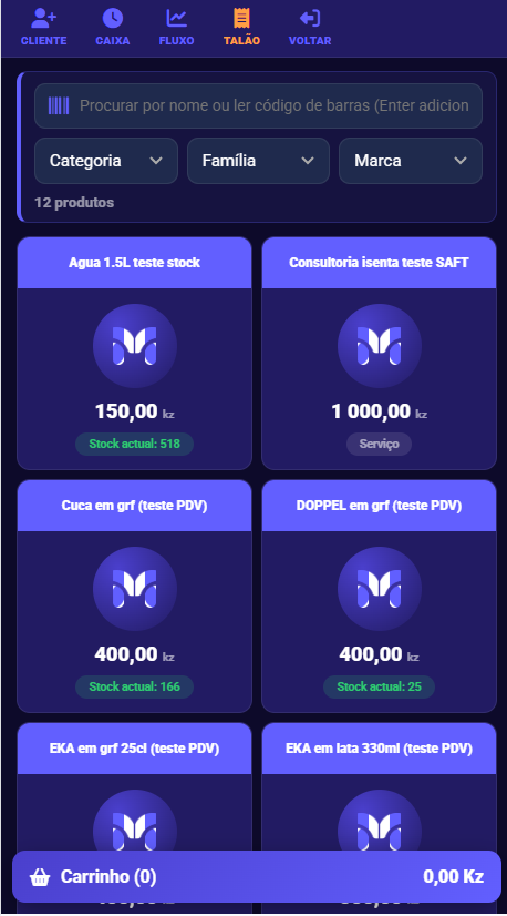 Ponto de venda da app múltiplo: produtos, stock e carrinho