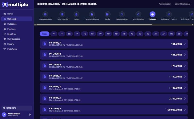 Emissões, com filtros por tipo de documento