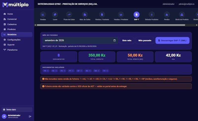SAF-T (AO): mês, resumo, documentos incluídos e avisos
